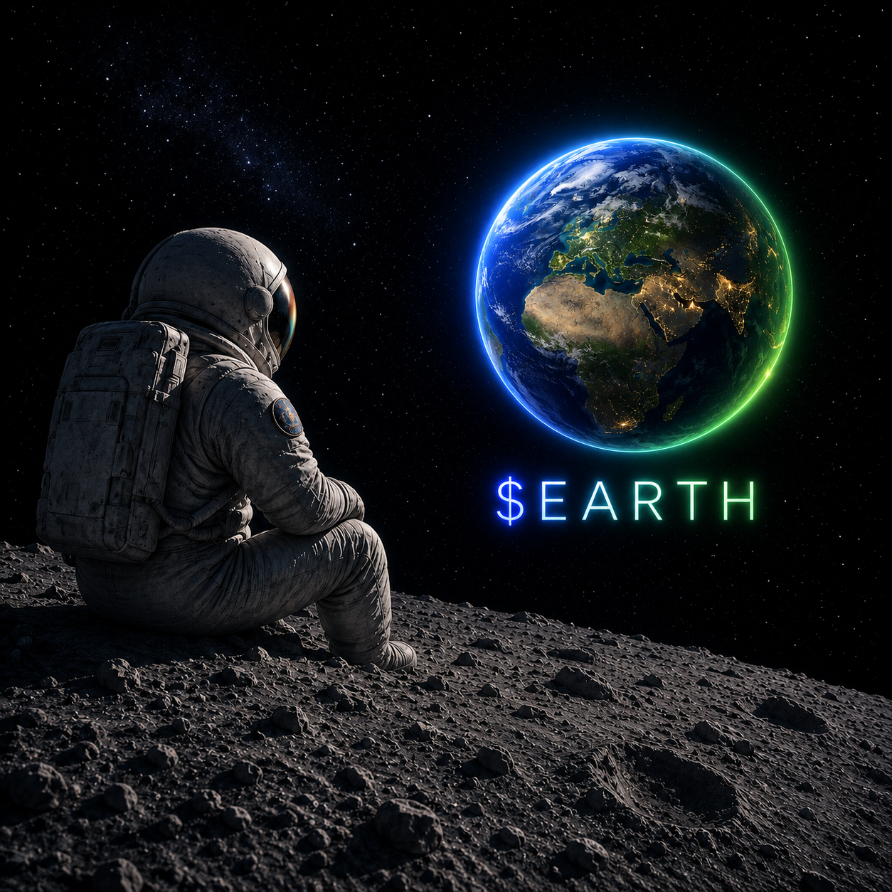 Astronaut on the moon gazing at Earth with the $EARTH logo