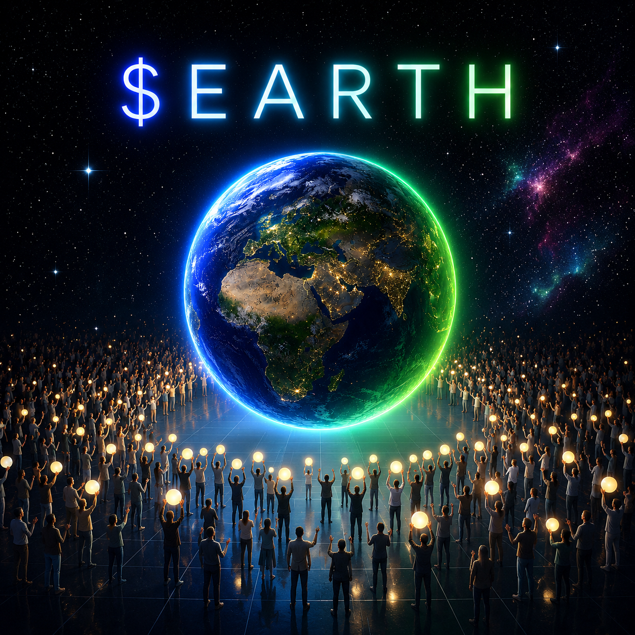 A global community gathered around the glowing Earth holding lights
